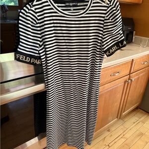 Karl Lagerfeld Black and White Cuffed Sleeve Sheath Dress